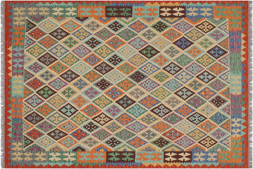 Flat Weave Kilim, Antique, Navaho, Vintage, Handmade, Geometric Kilim Beige Rust Hand-Woven Rectangle 100% Wool Area Rug 6 x 7
